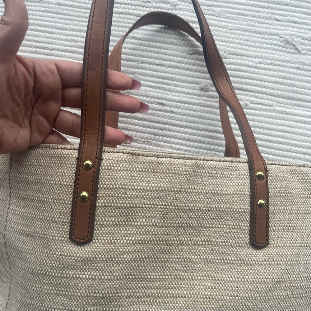 Fossil Canvas Tote Leather Details 14x14 Excellent Pre-Owned - Picture 15 of 16